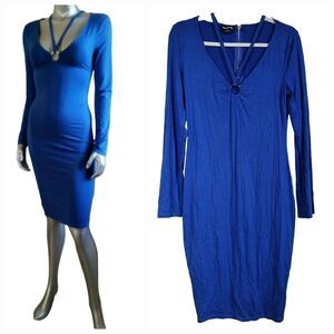 Bebe Royal Blue Alanna Strappy o-Ring V-Neck Bodycon Midi Dress Stretch Back Zip